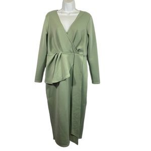 ASOS Plus Size 14 Dress Midi Faux‎ Wrap Tie Waist Ruffle Green Long Sleeve